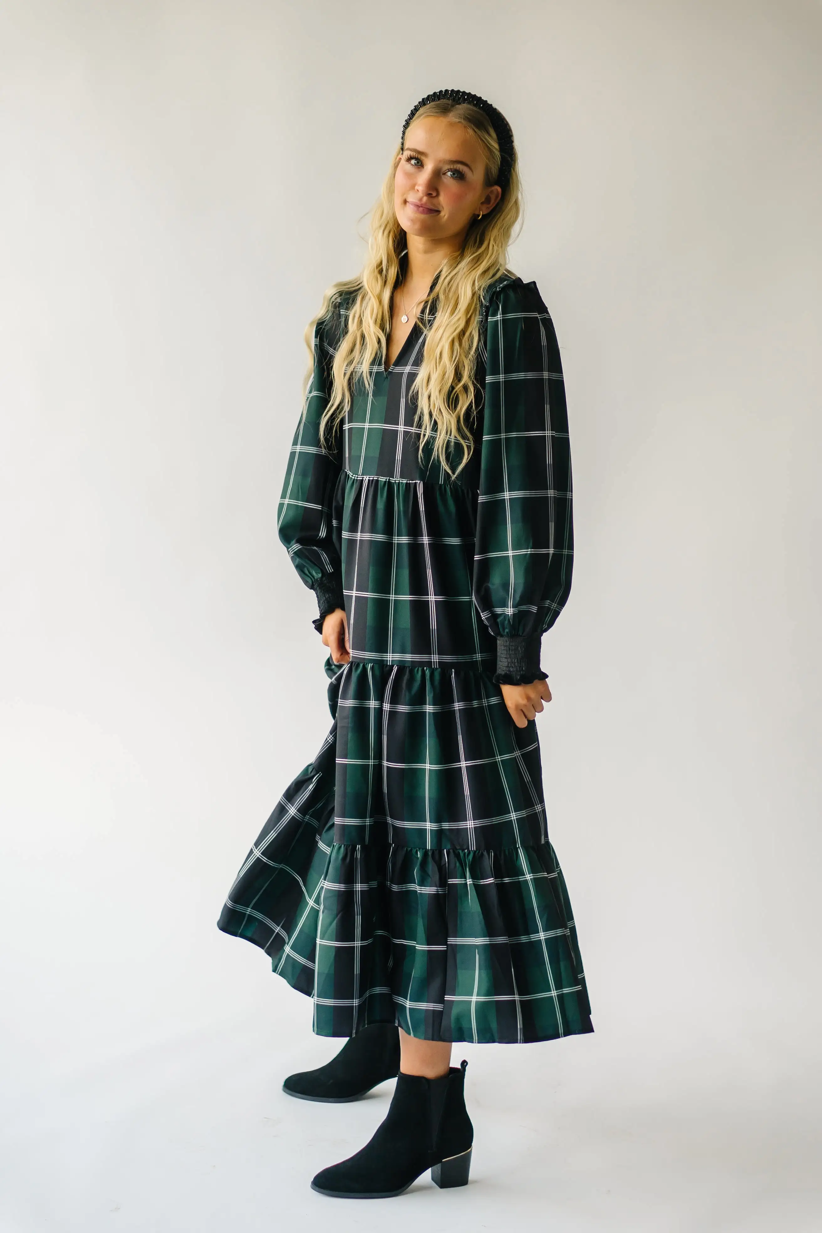 The Daylon Plaid Midi Dress in Emerald + White