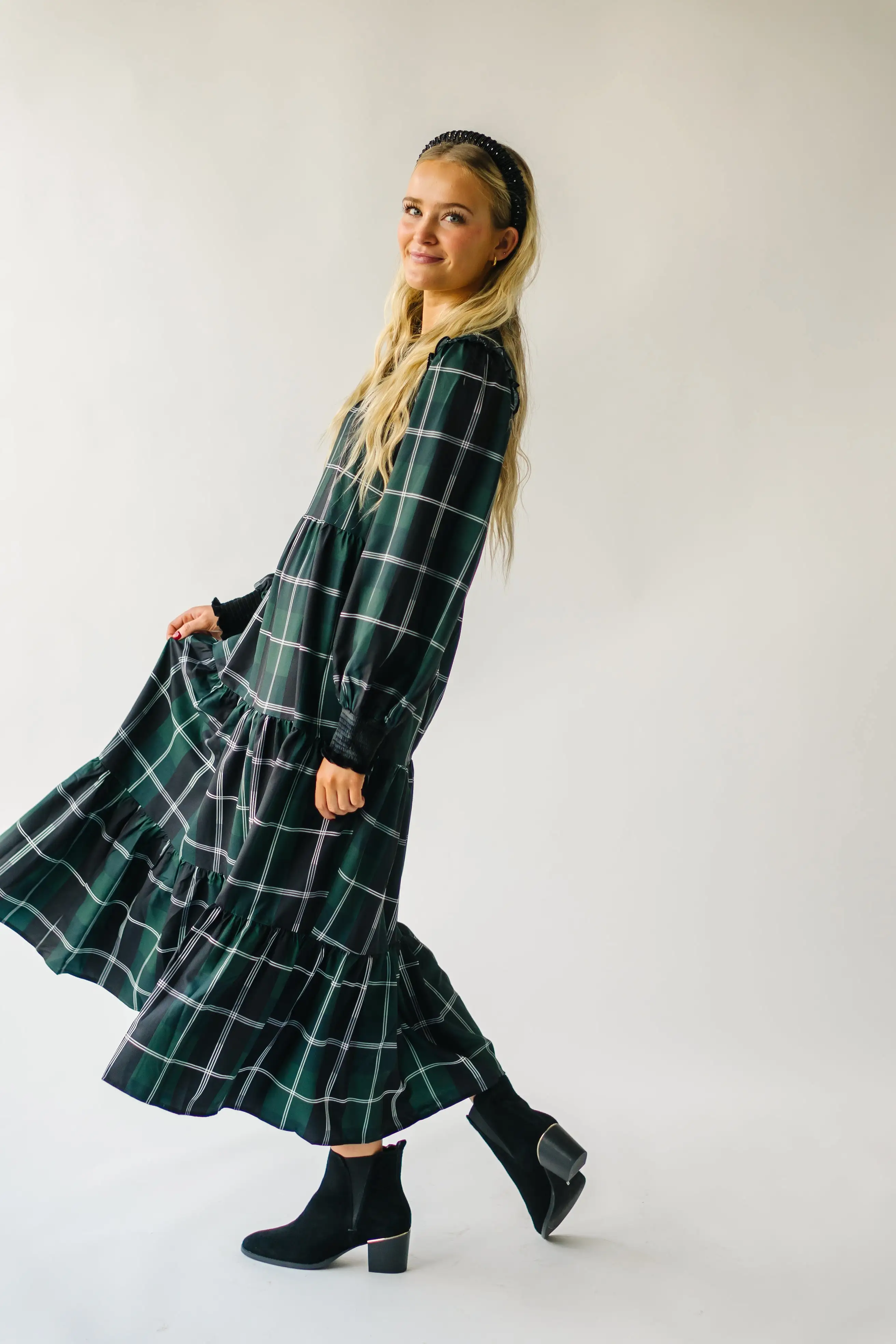 The Daylon Plaid Midi Dress in Emerald + White