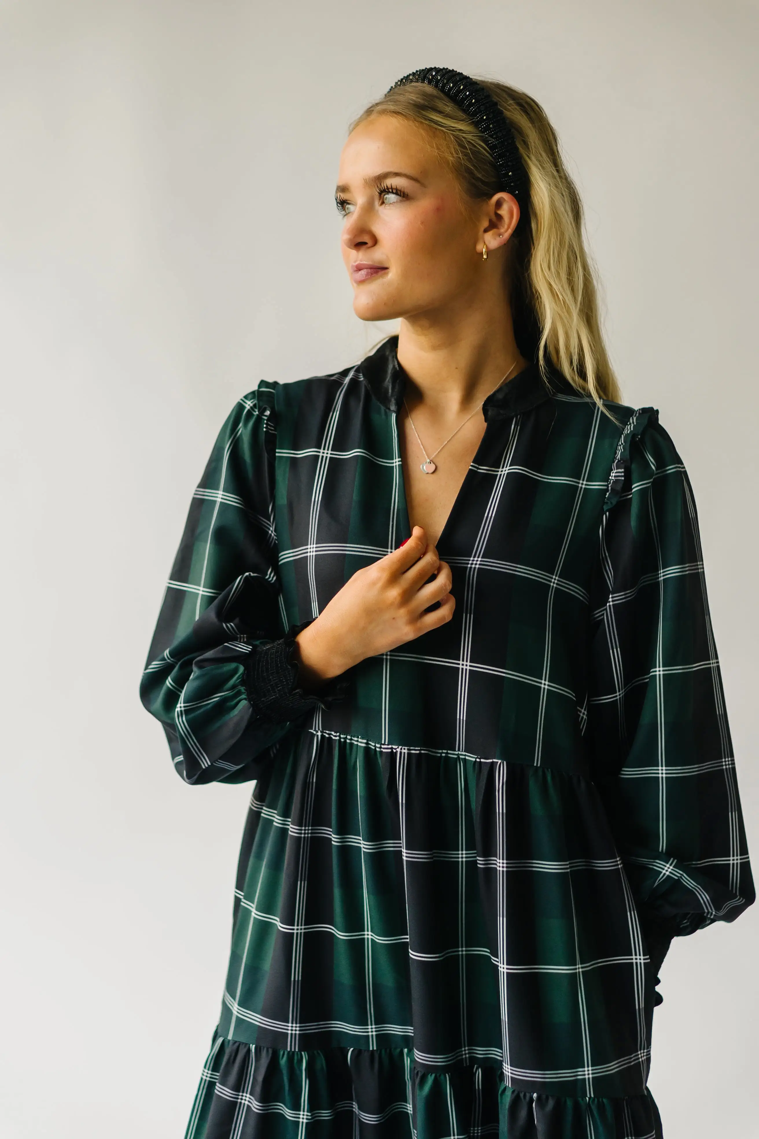 The Daylon Plaid Midi Dress in Emerald + White