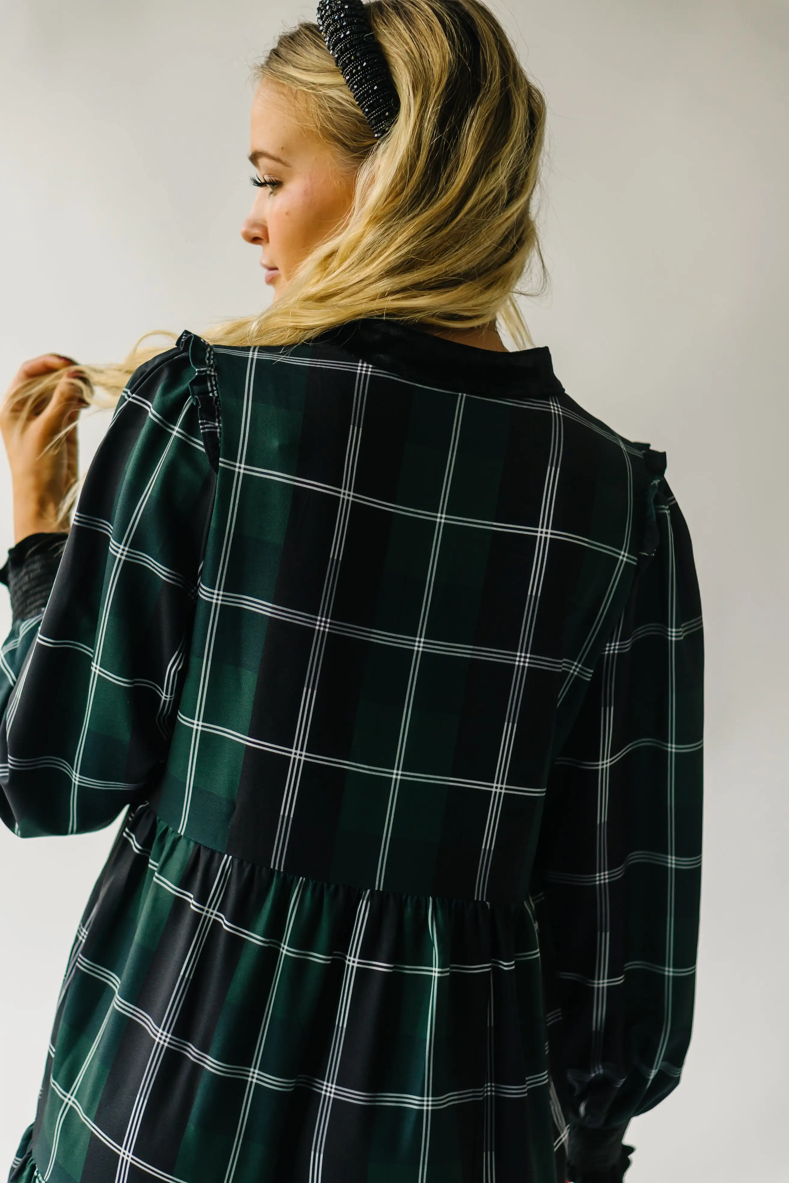 The Daylon Plaid Midi Dress in Emerald + White