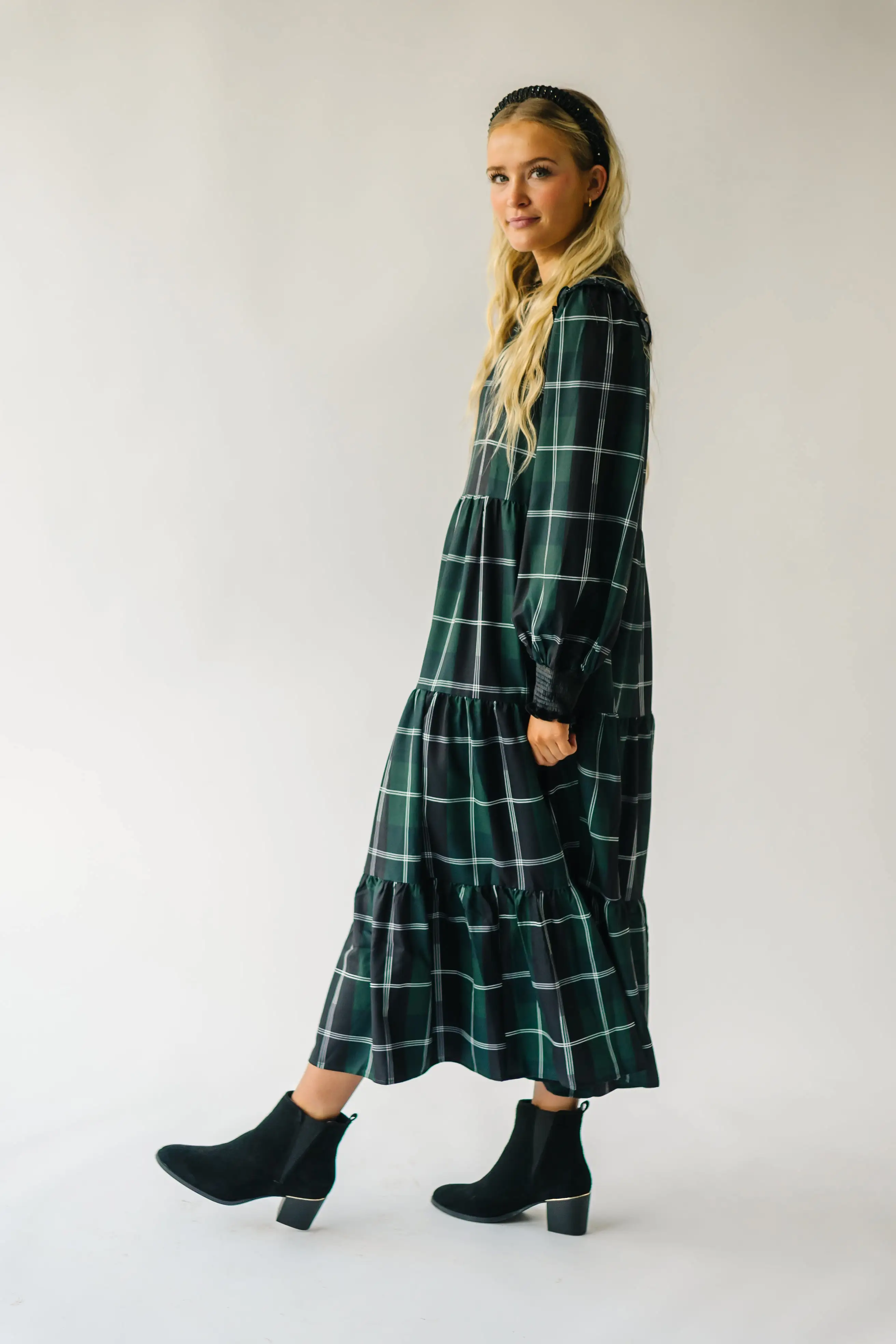 The Daylon Plaid Midi Dress in Emerald + White