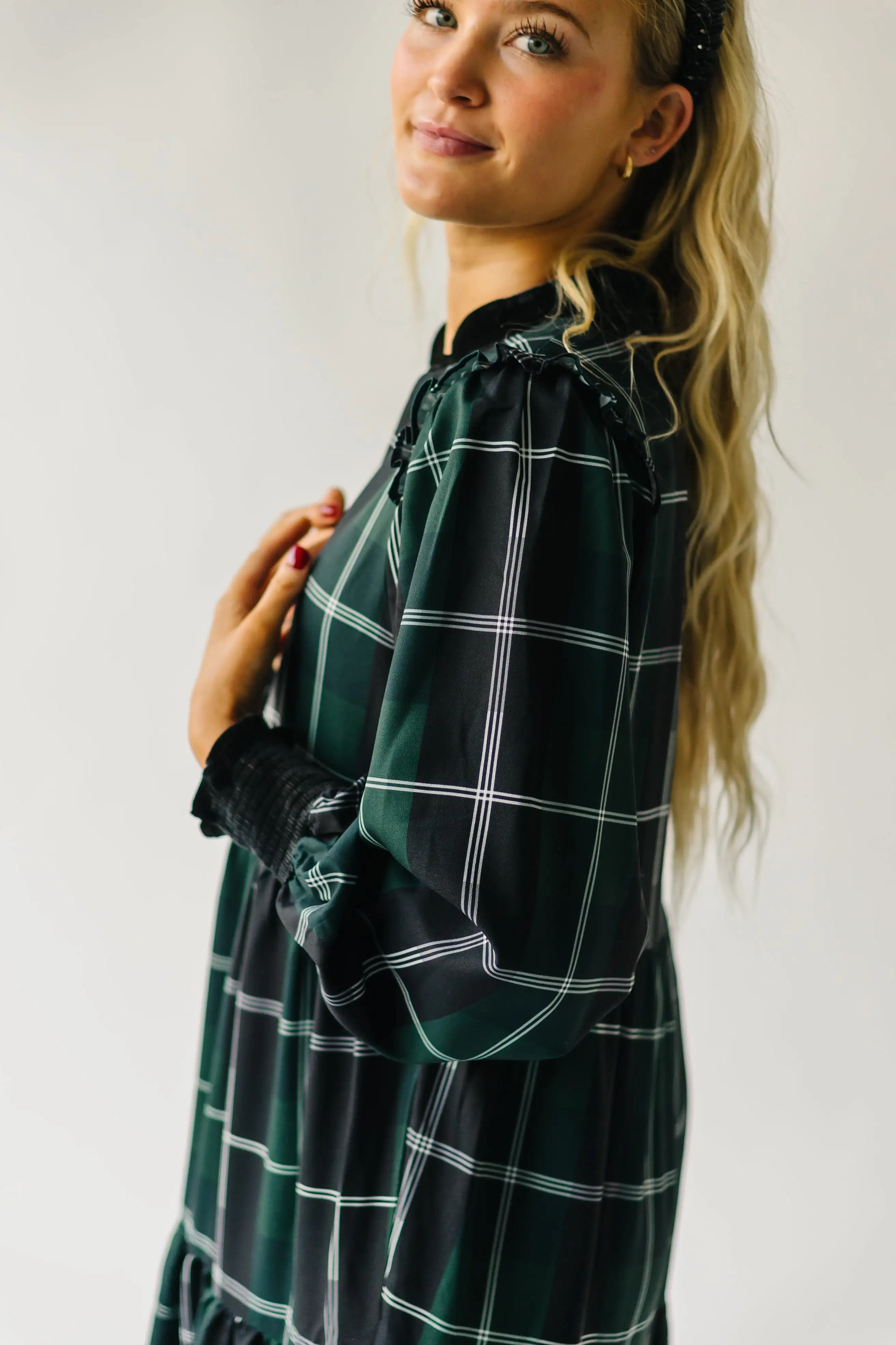 The Daylon Plaid Midi Dress in Emerald + White