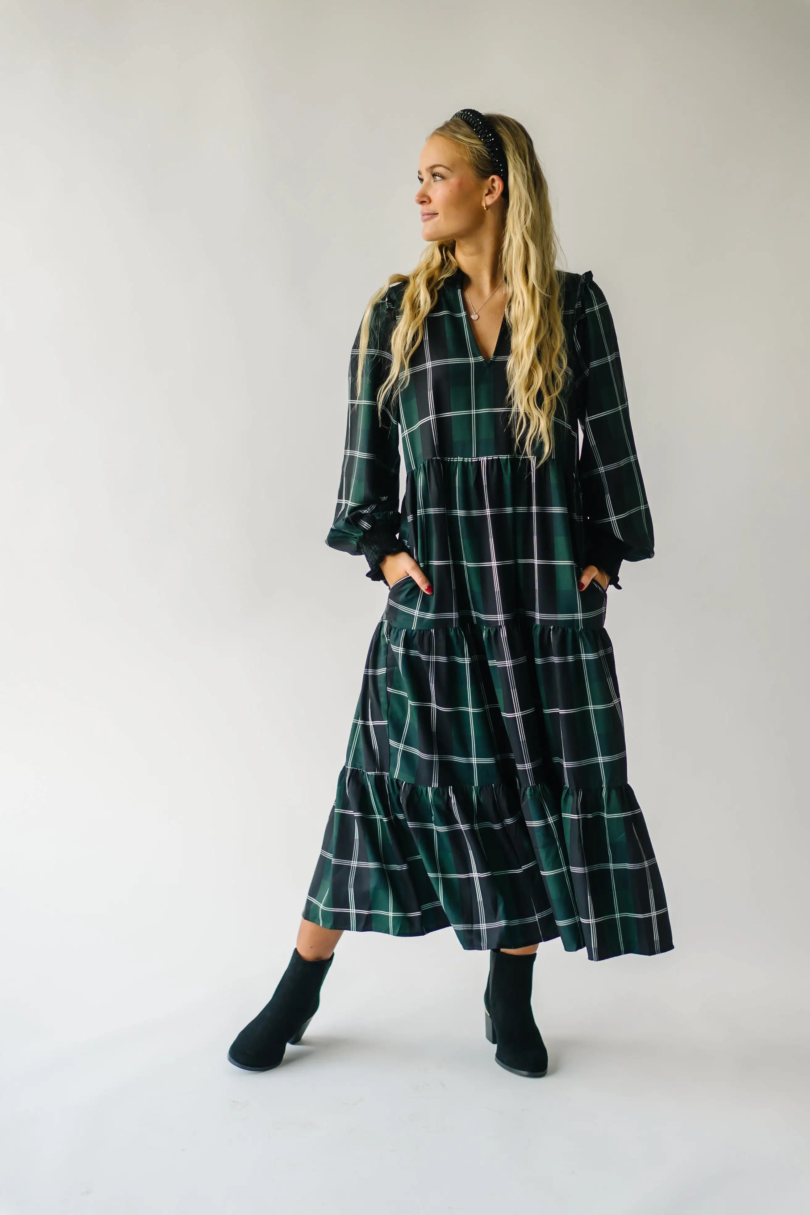 The Daylon Plaid Midi Dress in Emerald + White