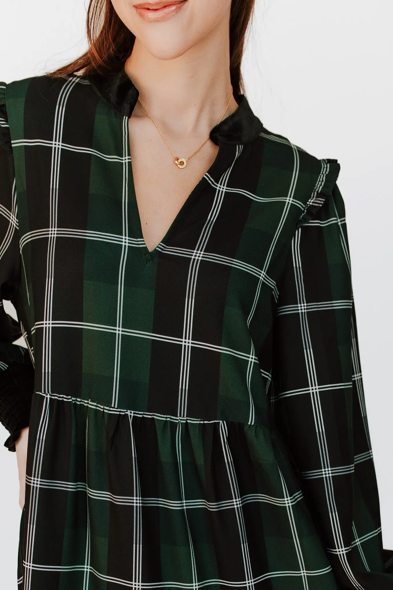 The Daylon Plaid Midi Dress in Emerald + White