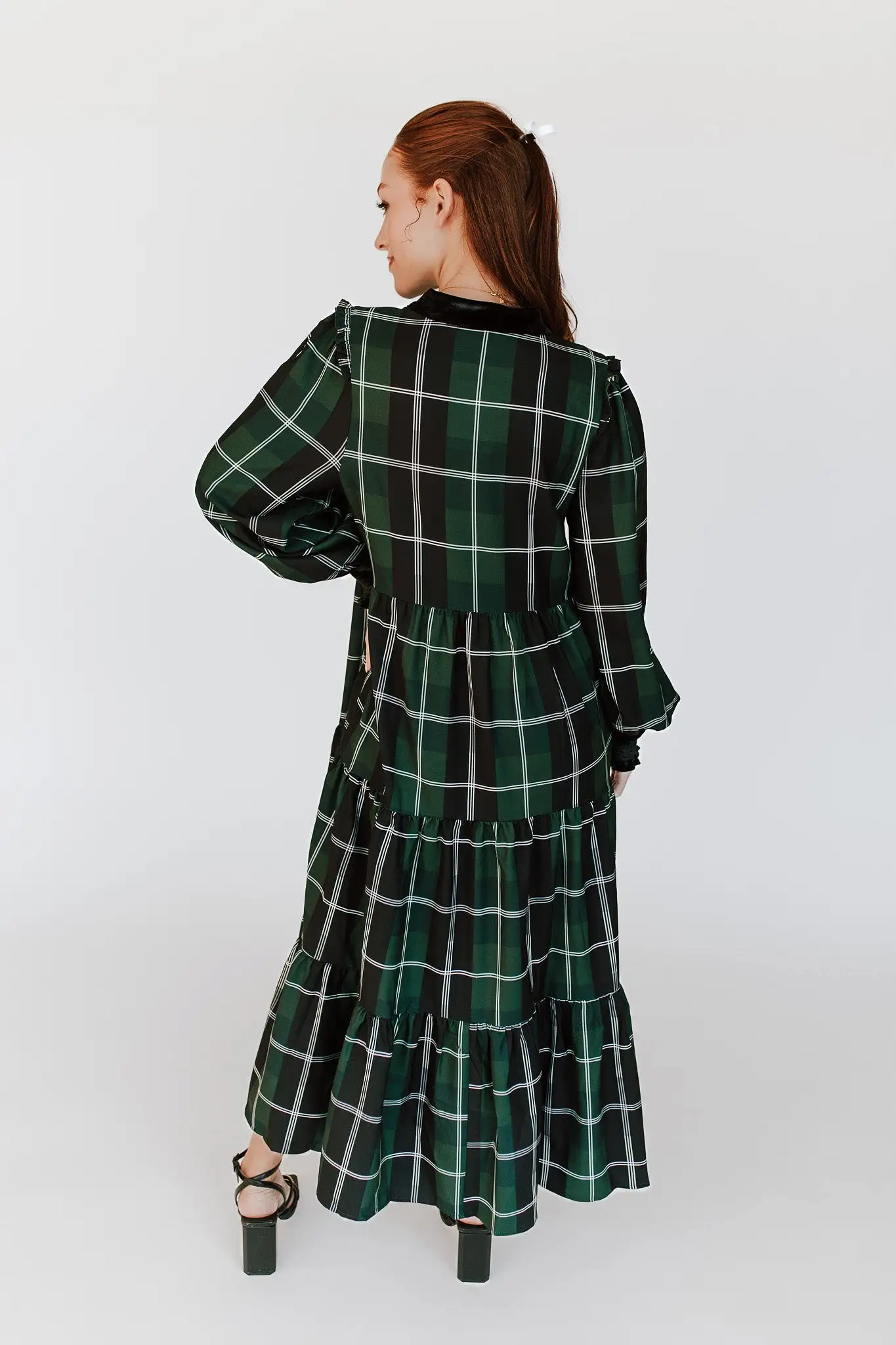 The Daylon Plaid Midi Dress in Emerald + White