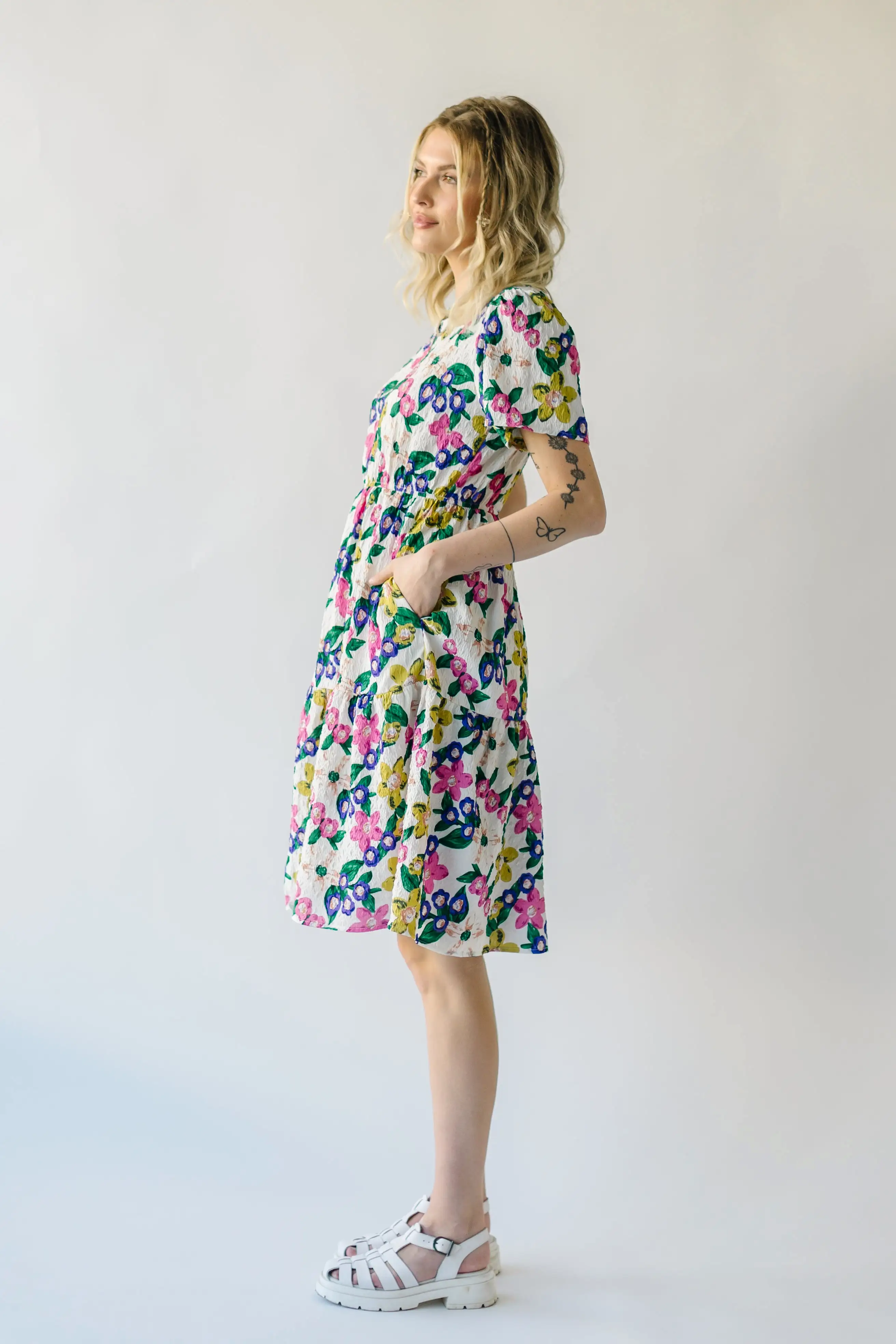 The Garza Floral Midi Dress in White Multi