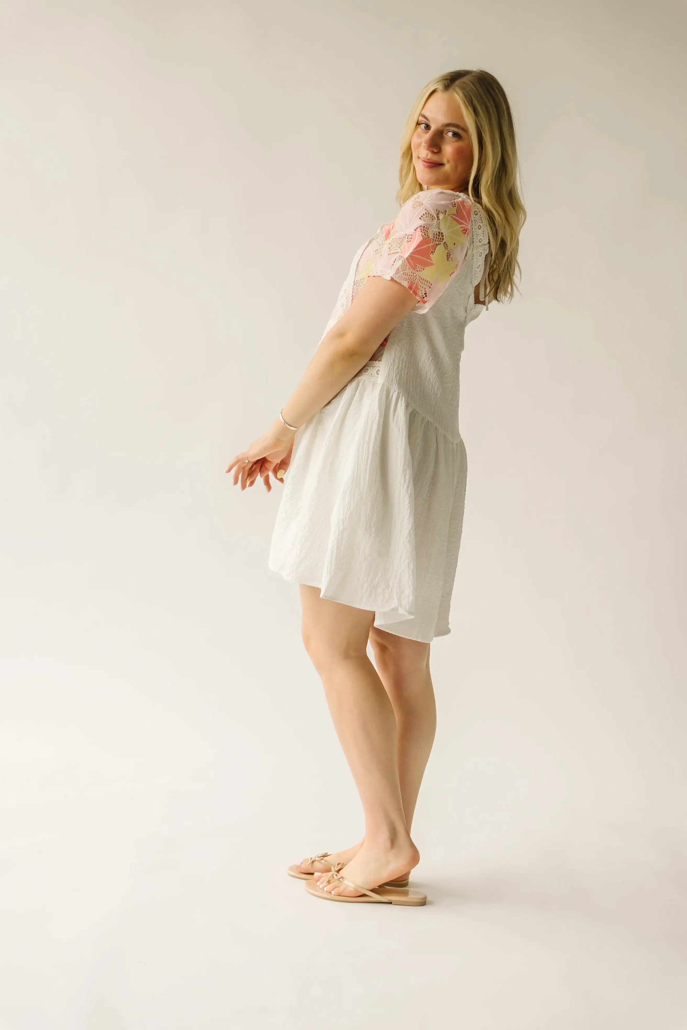 The Merrium Lace Detail Dress in White + Pink Multi