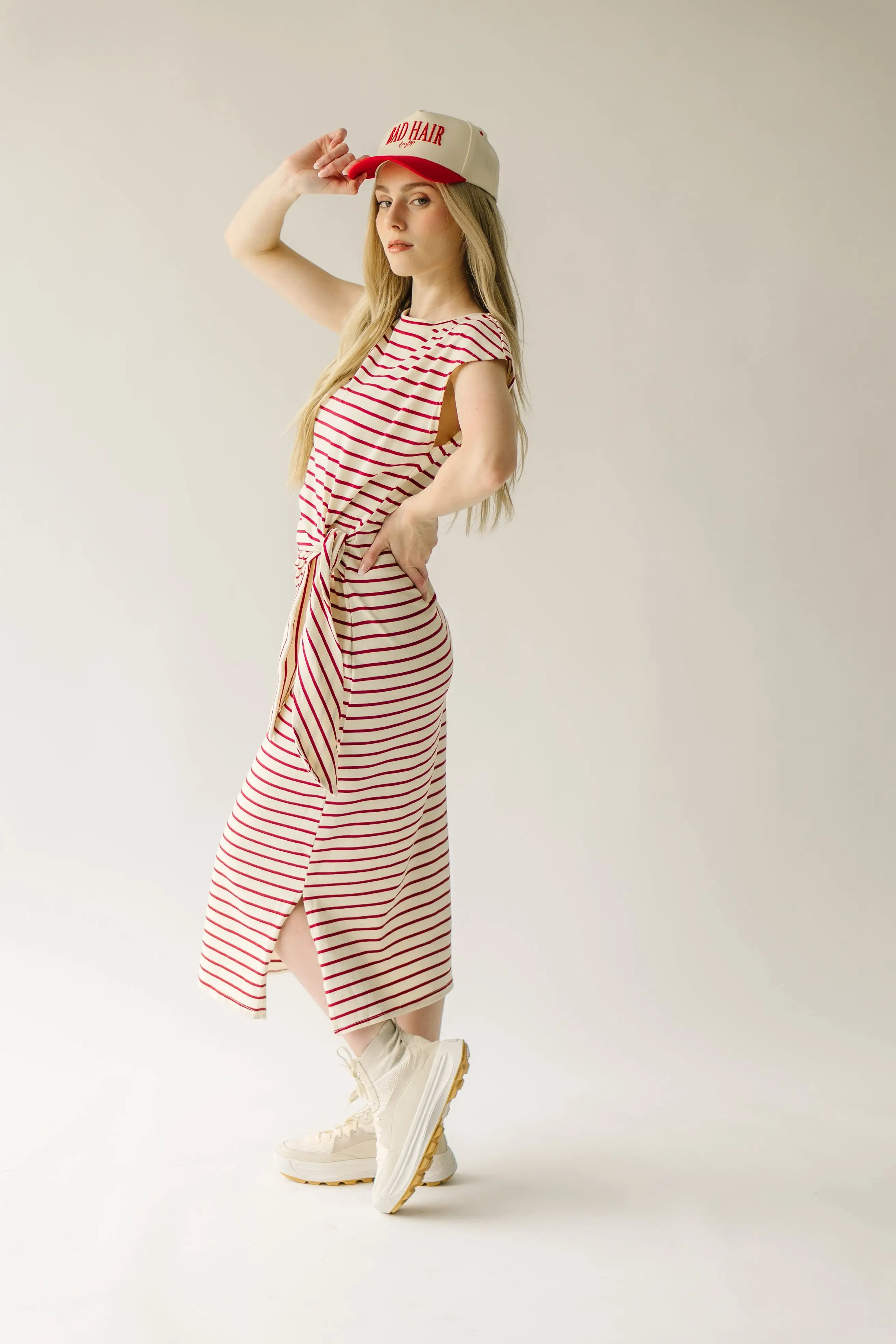 The Redden Knot Detail Dress in White + Red Stripe