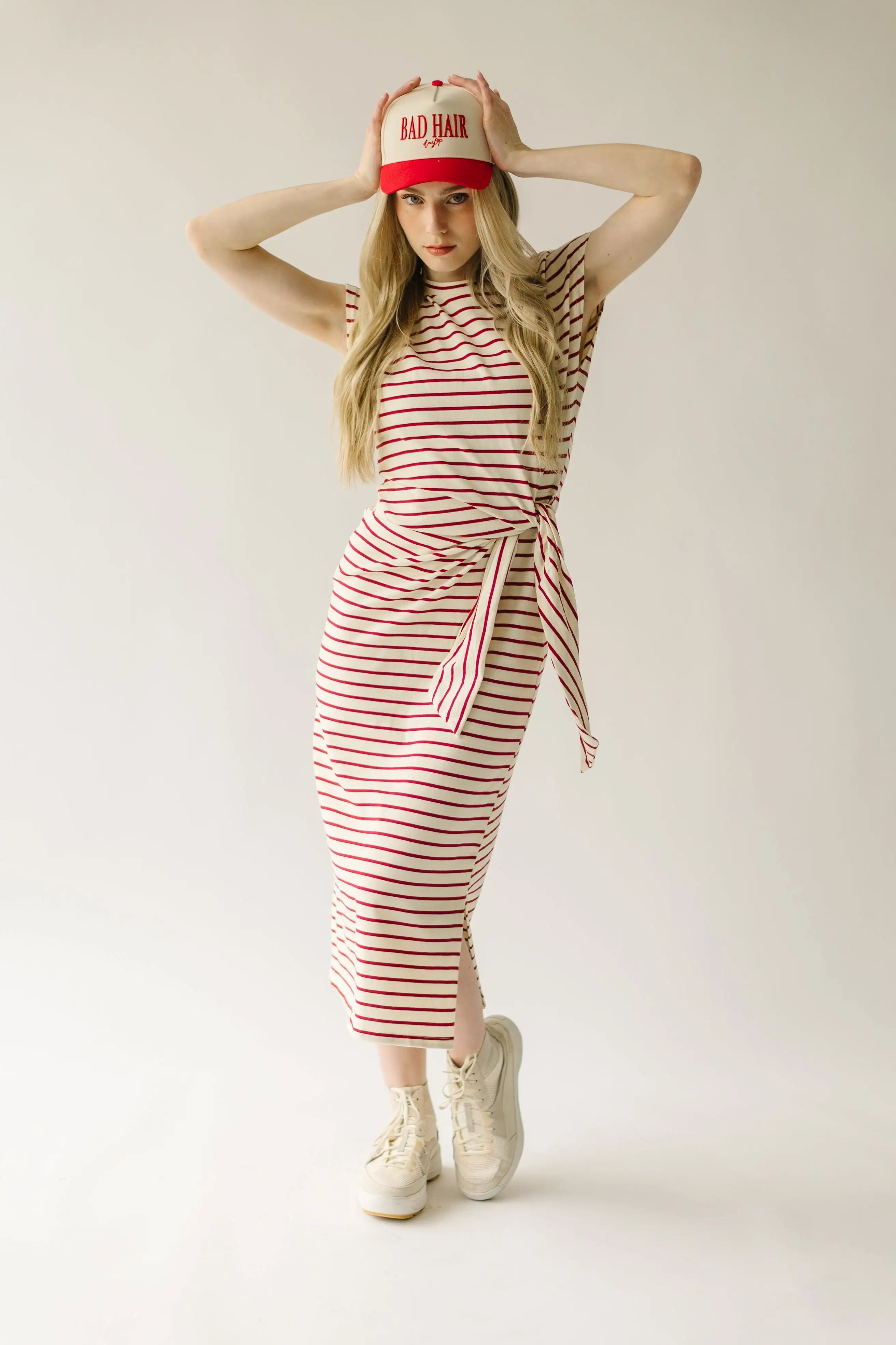 The Redden Knot Detail Dress in White + Red Stripe