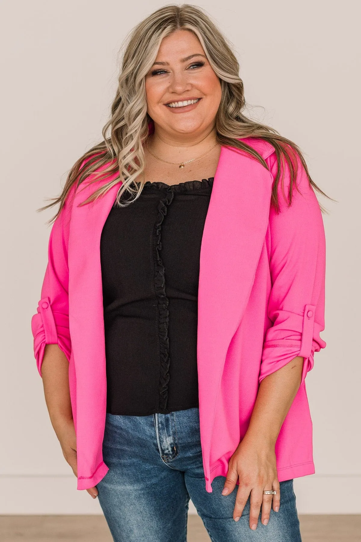 The Sky Is The Limit Long Sleeve Blazer- Hot Pink