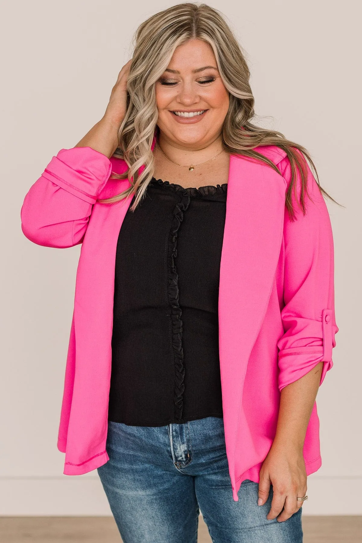 The Sky Is The Limit Long Sleeve Blazer- Hot Pink