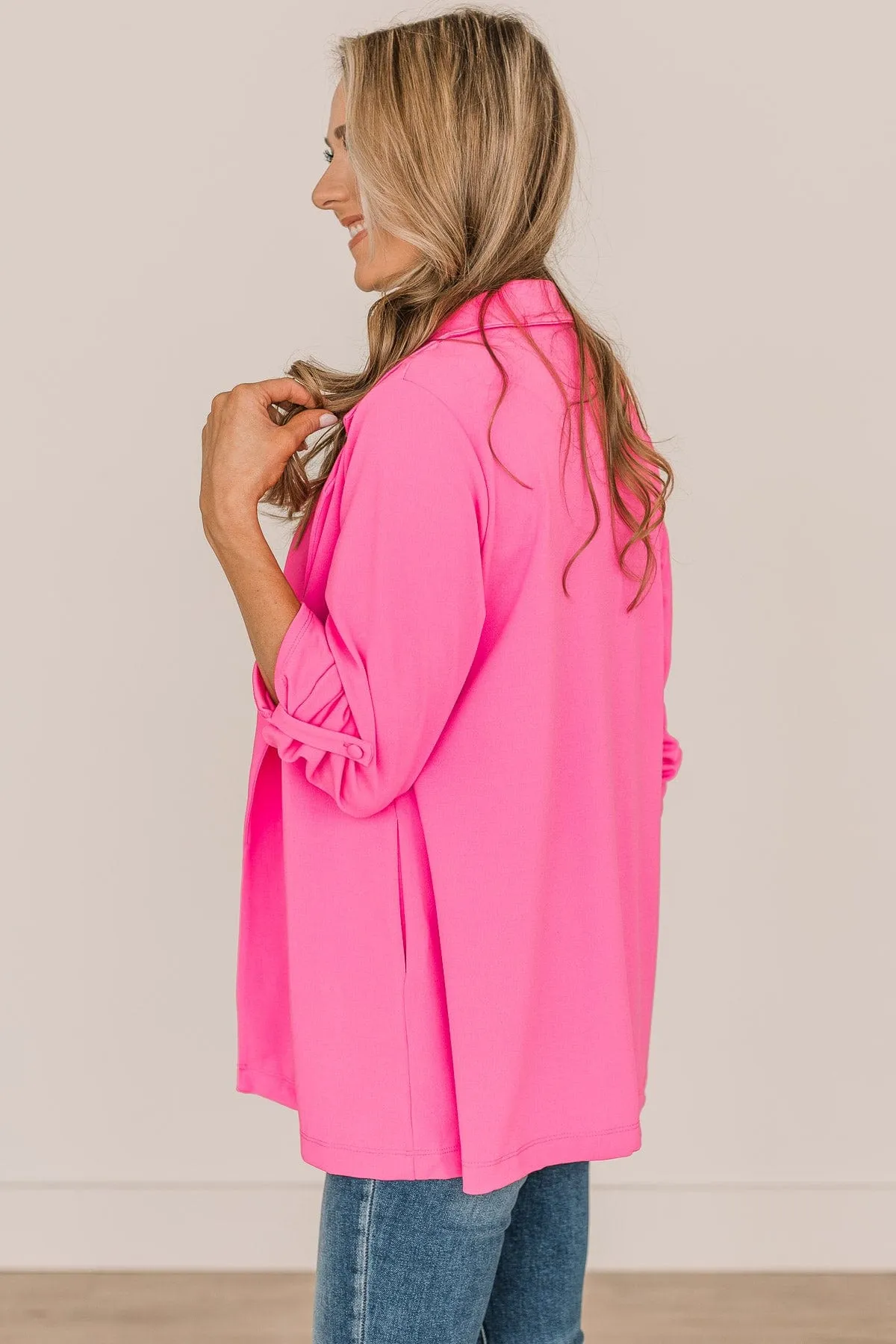 The Sky Is The Limit Long Sleeve Blazer- Hot Pink