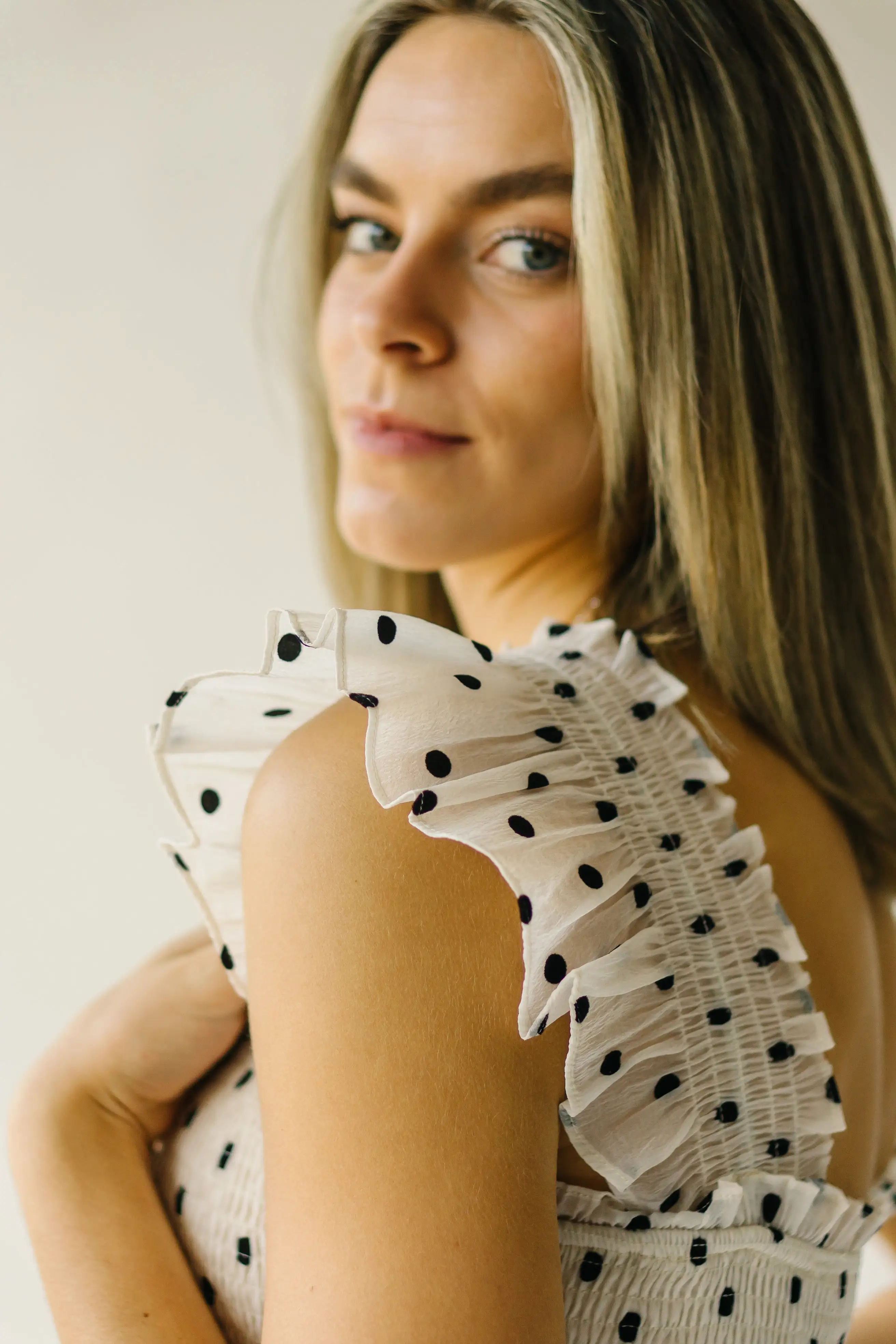 The Ternell Polka Dot Midi Dress in Off White