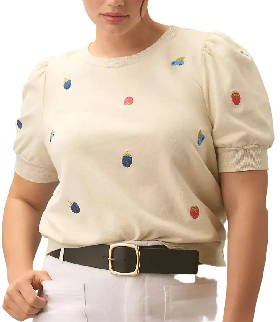 TLA Puff Sleeves Tee Shirt French Terry Beige with Berries