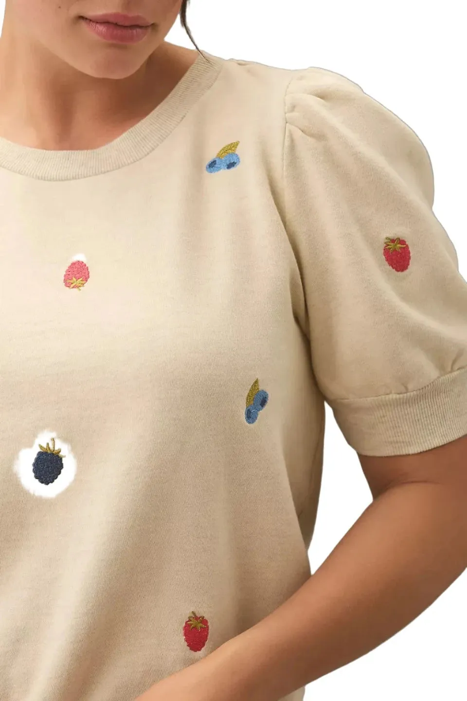 TLA Puff Sleeves Tee Shirt French Terry Beige with Berries