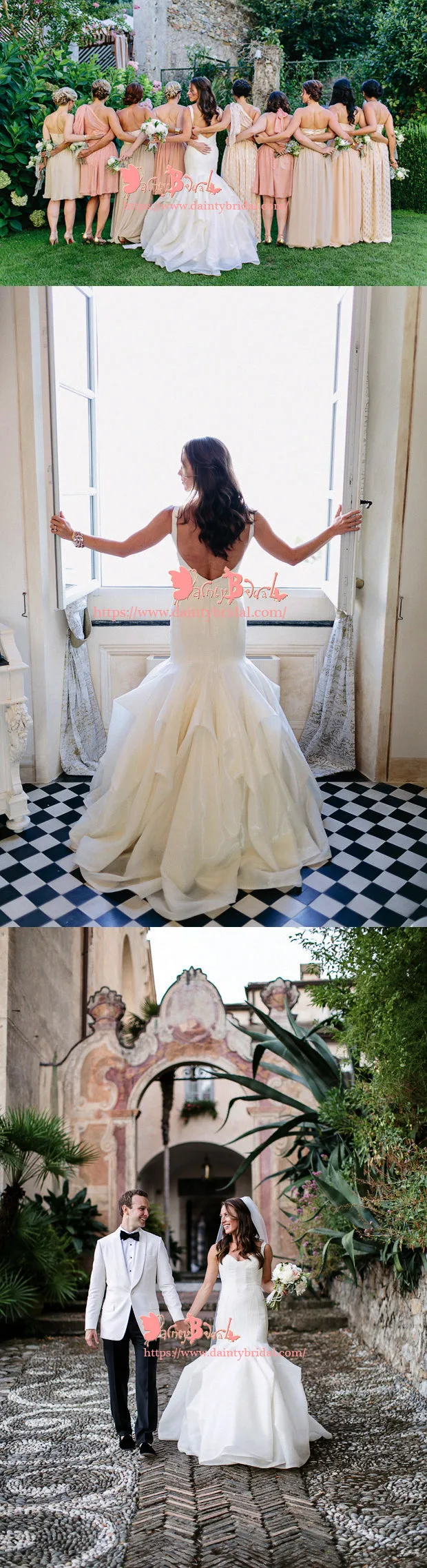 Unique Design Off White Satin Spaghetti Strap Backless Mermaid Ruffles Petal Wedding Dresses,DB0114