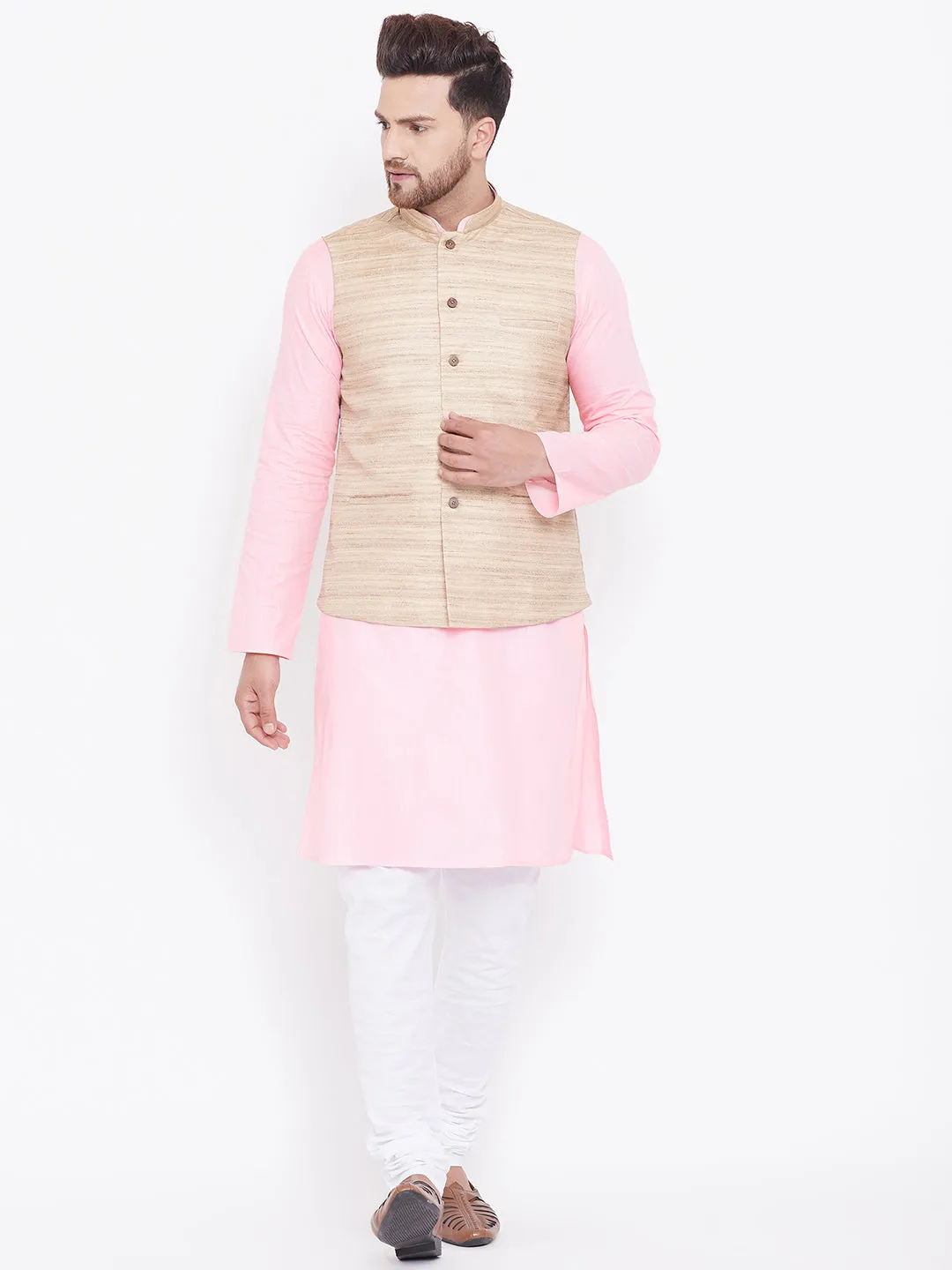 VASTRAMAY Men's Beige, Pink And White Cotton Blend Jacket, Kurta and Pyjama Set