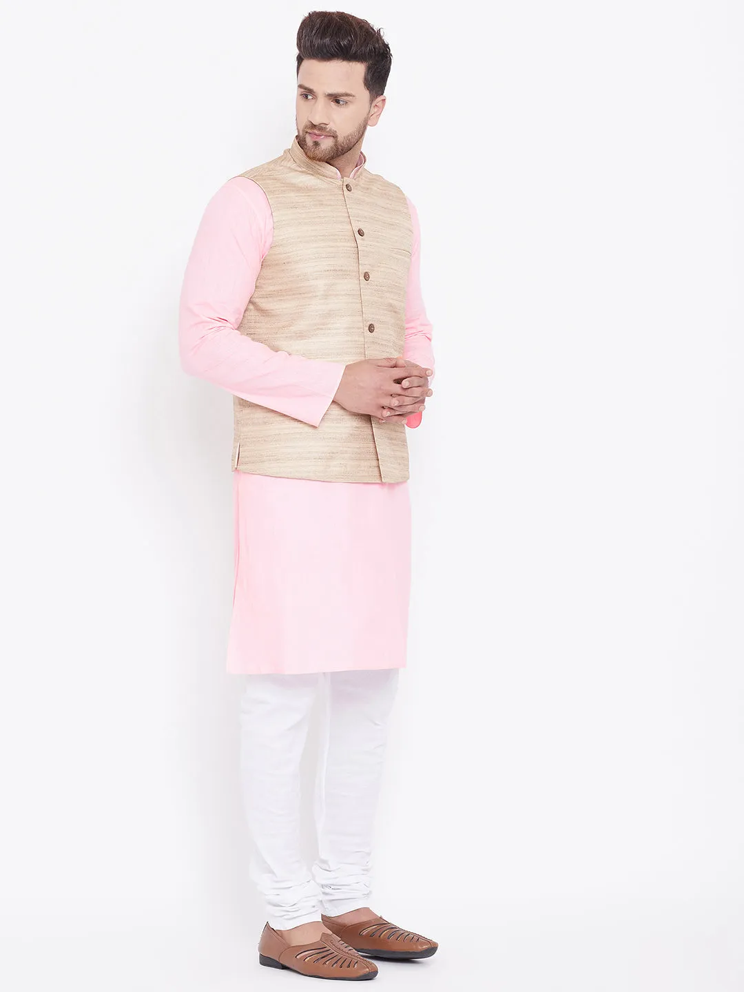 VASTRAMAY Men's Beige, Pink And White Cotton Blend Jacket, Kurta and Pyjama Set