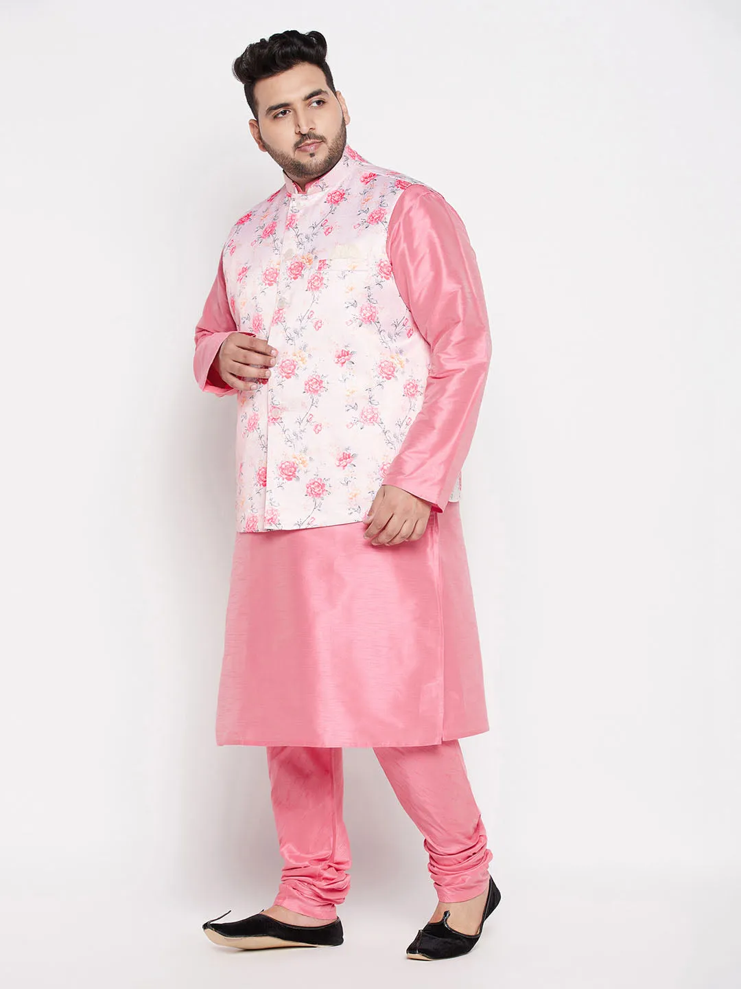 VASTRAMAY Men's Plus Size Peach Floral printed Jacket With Pink Solid Kurta Pyjama Set