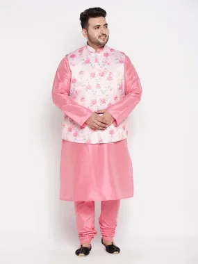 VASTRAMAY Men's Plus Size Peach Floral printed Jacket With Pink Solid Kurta Pyjama Set