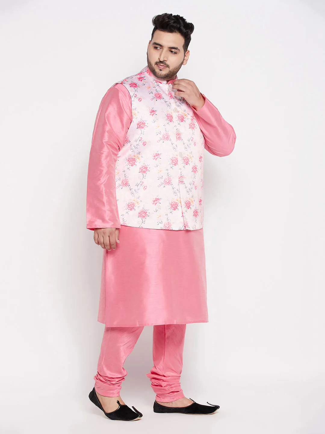 VASTRAMAY Men's Plus Size Peach Floral printed Jacket With Pink Solid Kurta Pyjama Set