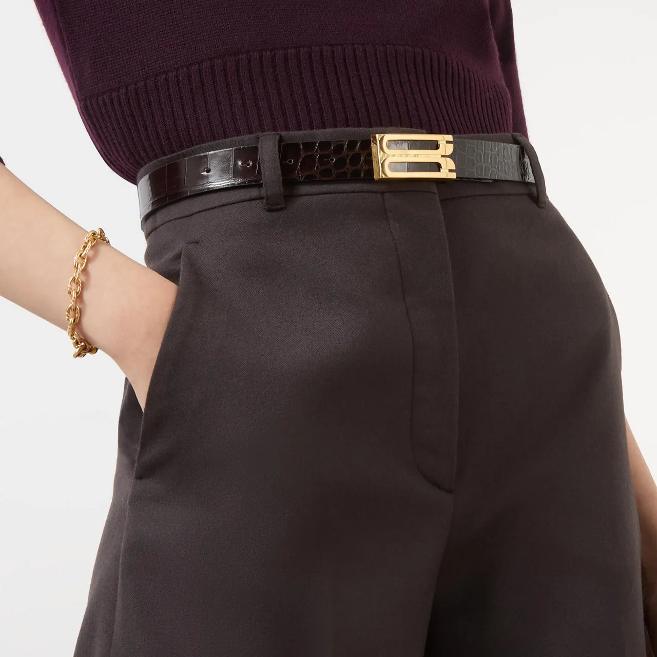 VICTORIA BECKHAM Croc-Embossed Logo Belt - Espresso