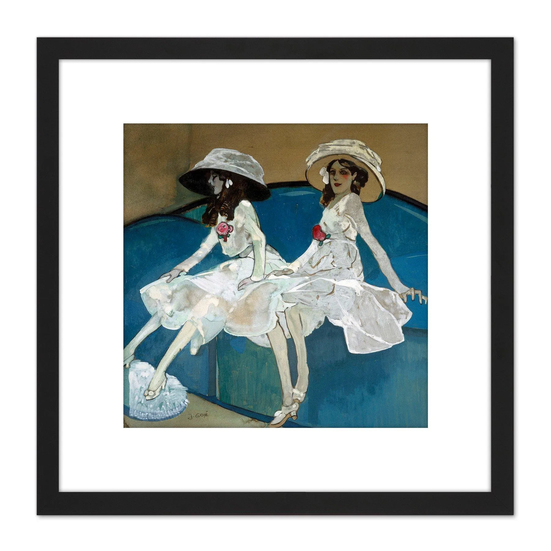 Wall Art & Pictures | Gose Two Sisters White Dresses Seated Painting 8X8 Inch Square Wooden Framed Wall Art Print Picture wi