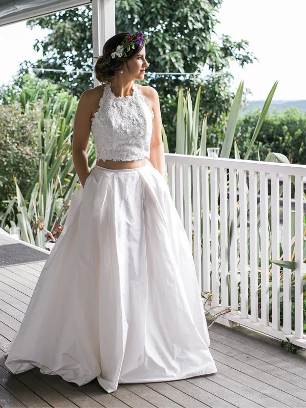 White Lace Satin Two Piece Halter With Pocket Wedding Dresses ,DB0178