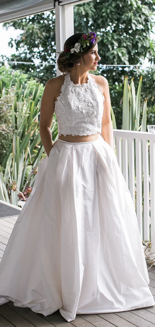 White Lace Satin Two Piece Halter With Pocket Wedding Dresses ,DB0178