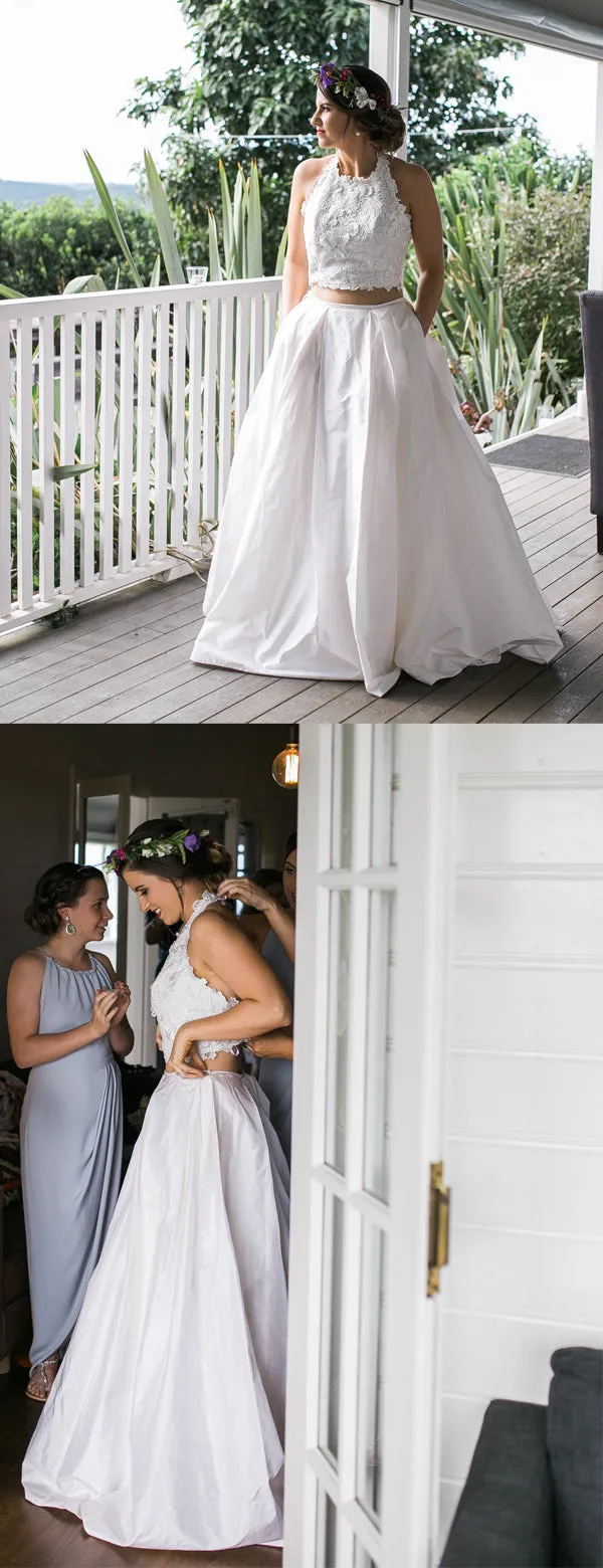 White Lace Satin Two Piece Halter With Pocket Wedding Dresses ,DB0178