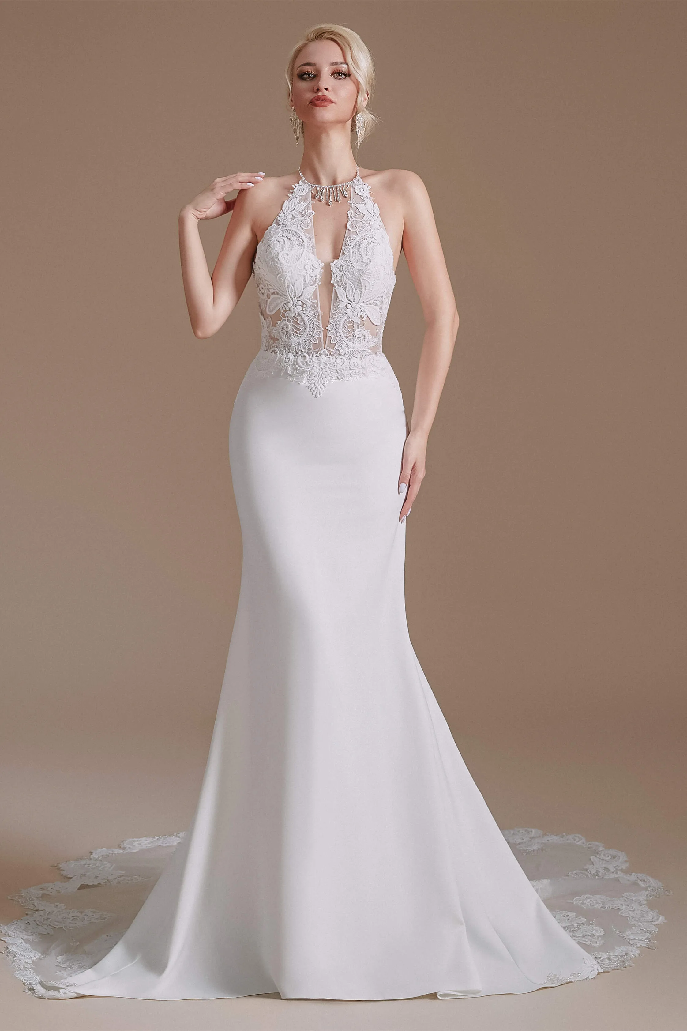 White Mermaid Halter Backless Sweep Train Wedding Dresses with Lace