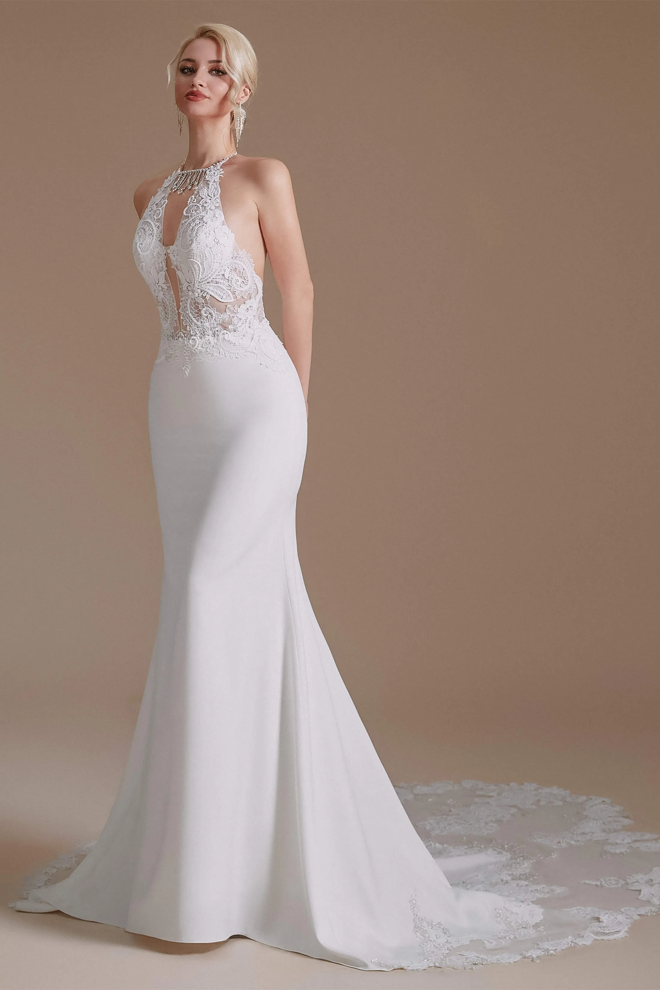 White Mermaid Halter Backless Sweep Train Wedding Dresses with Lace