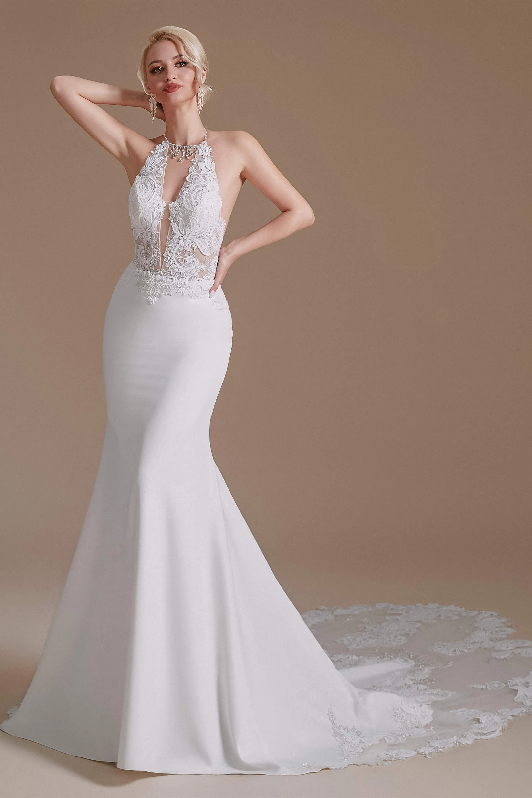 White Mermaid Halter Backless Sweep Train Wedding Dresses with Lace