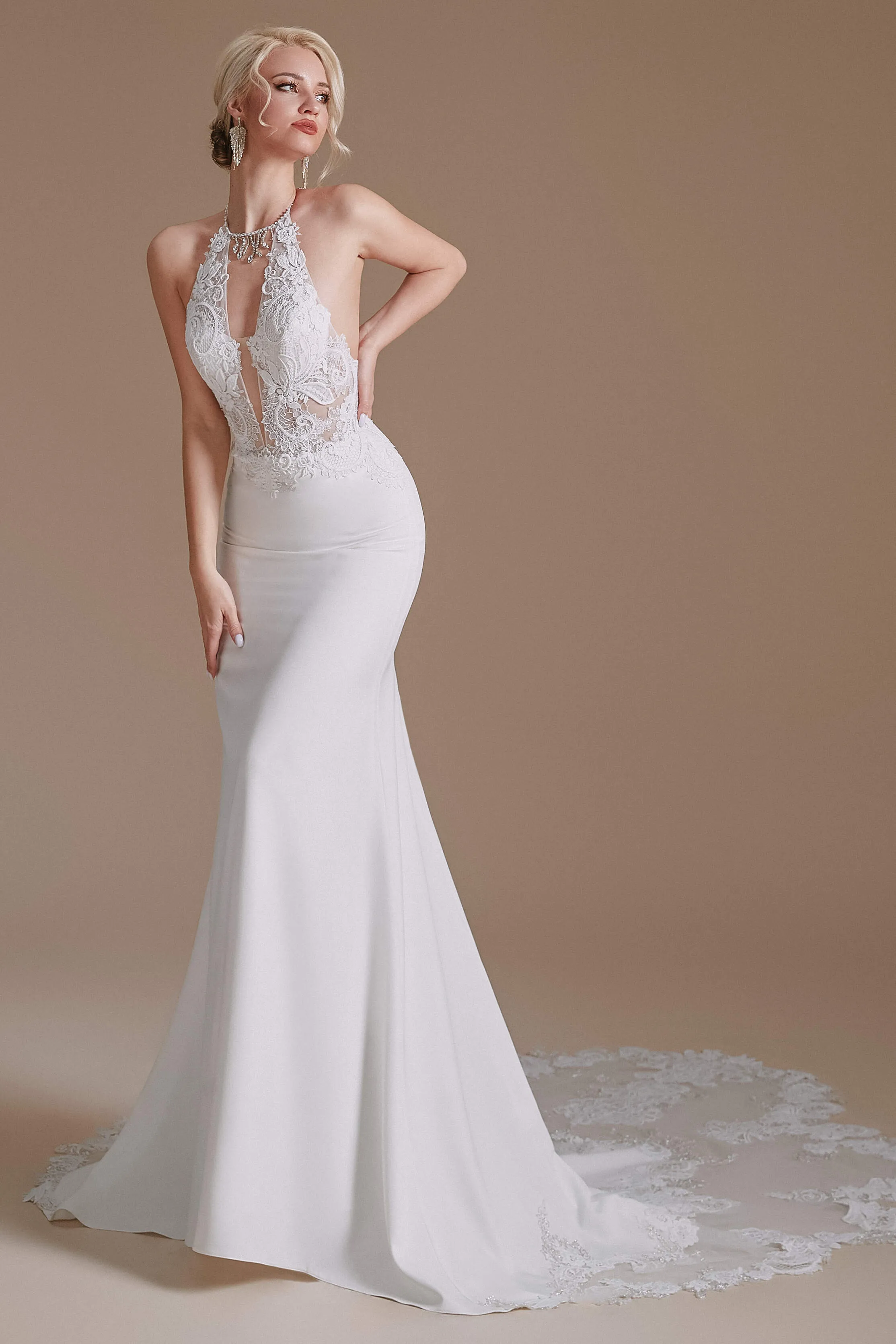 White Mermaid Halter Backless Sweep Train Wedding Dresses with Lace