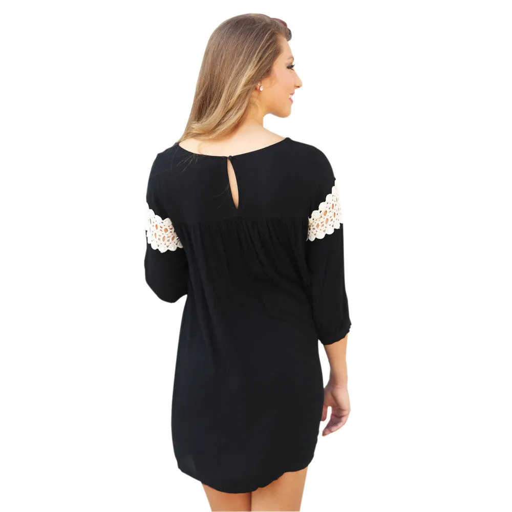 Women Autumn Causal Dresses 2016 New Fashion Women Long Sleeve Half Sleeve Dress BlackColor With White Lace roupa feminina #598 