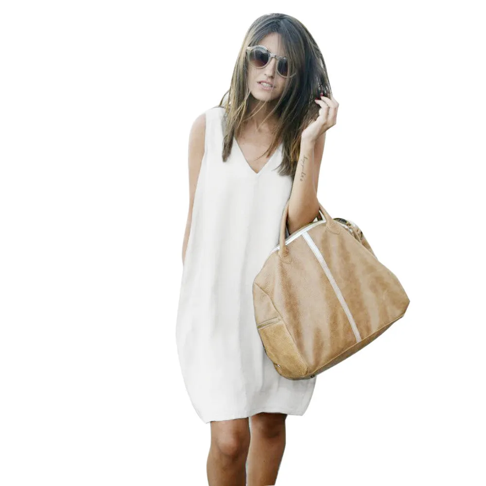 women casual cute chiffon dresses Vneck sleeveless white dress slim sexy women vestido