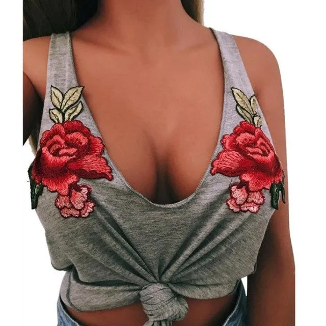 Women Fashion Sexy Sleeveless Tank Top Women Appliques Rose Embroidery Tanks & Camis Tops Female 4 Colors #417 GS