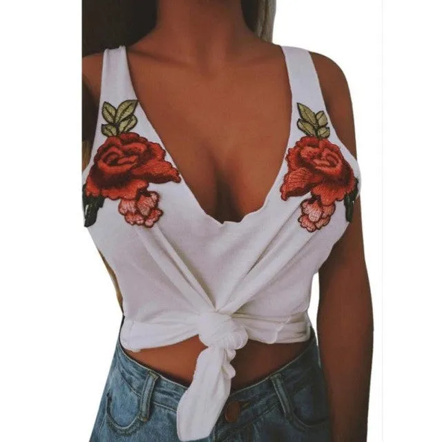 Women Fashion Sexy Sleeveless Tank Top Women Appliques Rose Embroidery Tanks & Camis Tops Female 4 Colors #417 GS