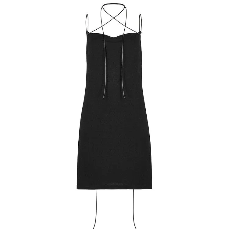 Women's Punk Crisscross Spaghetti Backless Black Little Dress