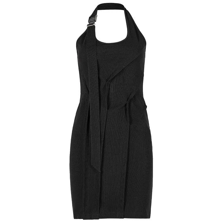 Women's Punk Halterneck Backless Black Little Dress