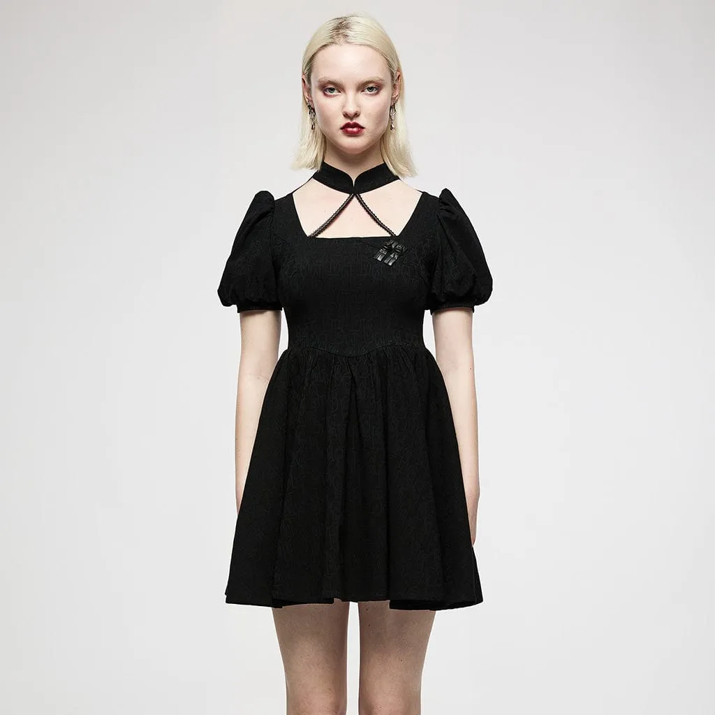 Women's Punk Halterneck Puff Sleeved Jacquard Black Little Dress