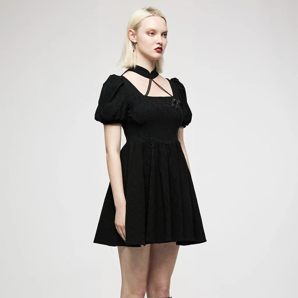 Women's Punk Halterneck Puff Sleeved Jacquard Black Little Dress