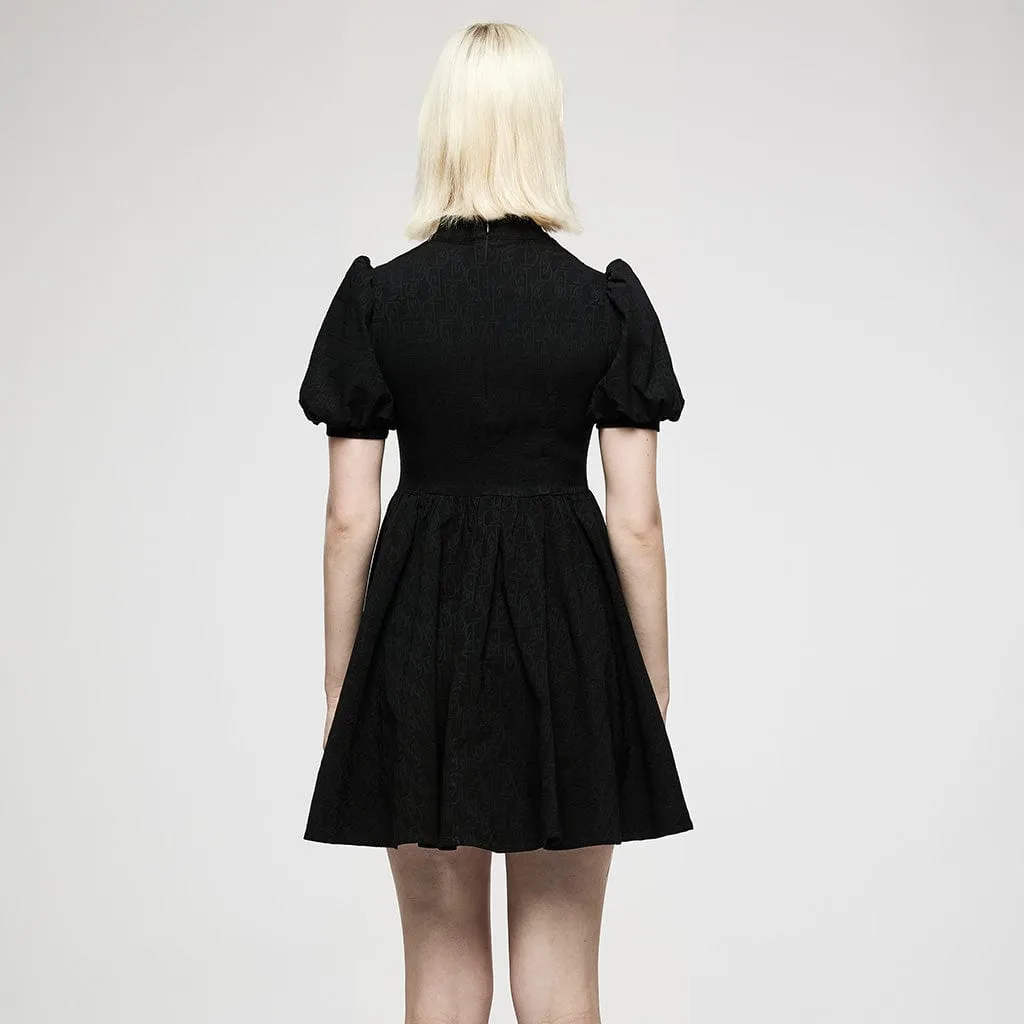 Women's Punk Halterneck Puff Sleeved Jacquard Black Little Dress