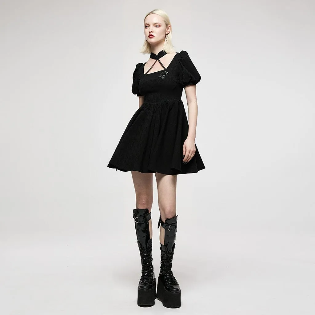 Women's Punk Halterneck Puff Sleeved Jacquard Black Little Dress