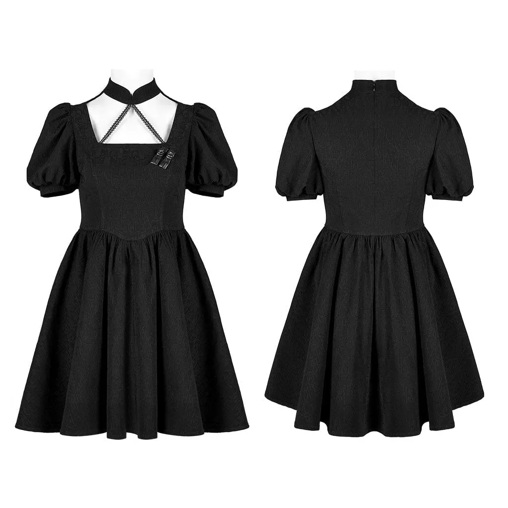 Women's Punk Halterneck Puff Sleeved Jacquard Black Little Dress