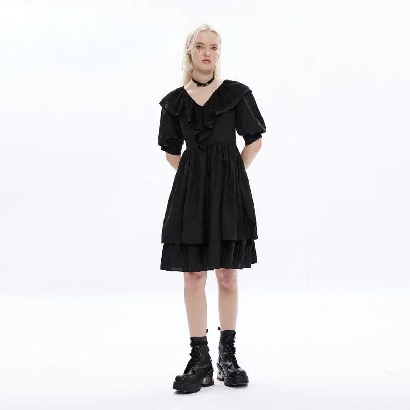 Women's Punk Hooded V-neck Black Little Dress