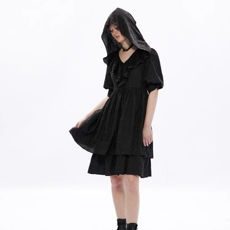 Women's Punk Hooded V-neck Black Little Dress