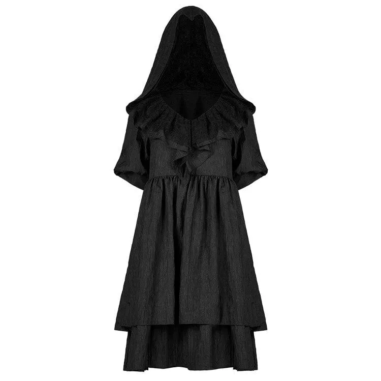 Women's Punk Hooded V-neck Black Little Dress