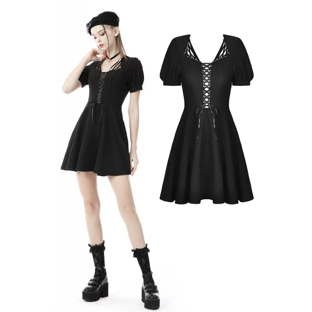 Women's Punk Square Collar Lacing-up Black Little Dress