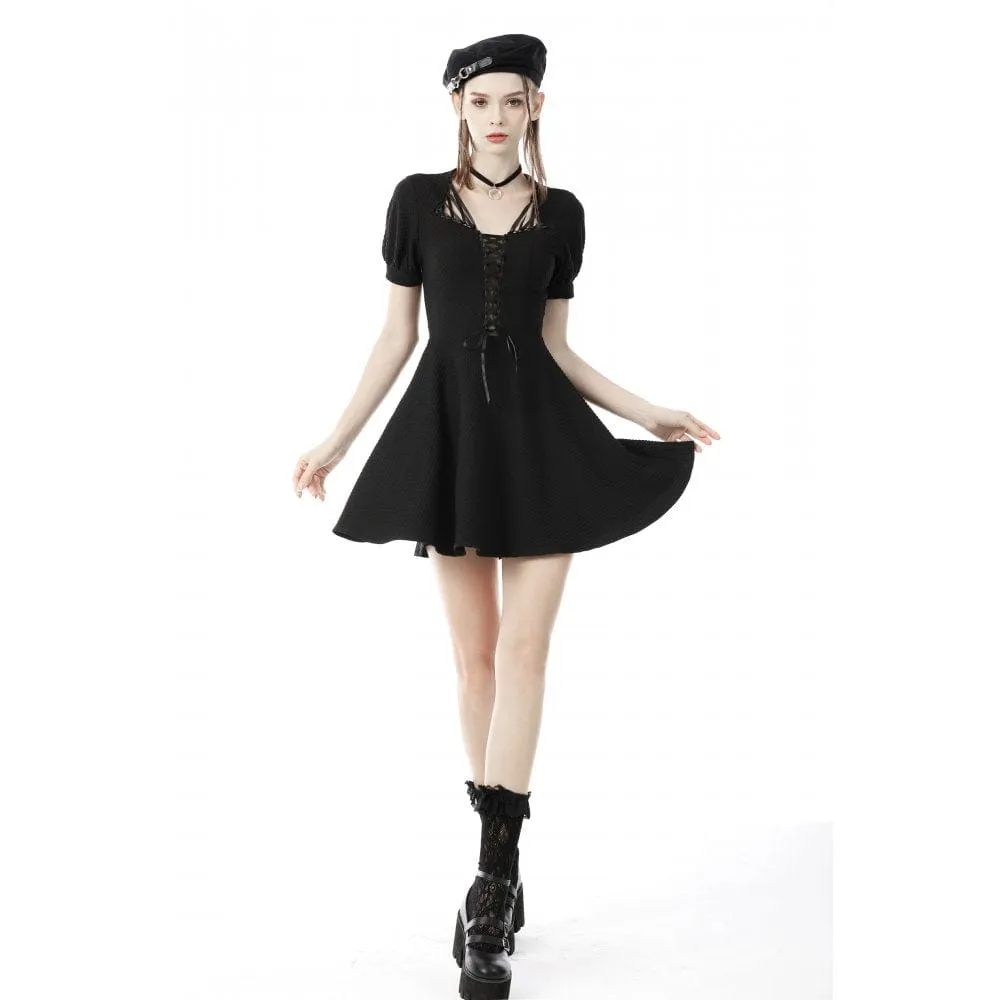 Women's Punk Square Collar Lacing-up Black Little Dress